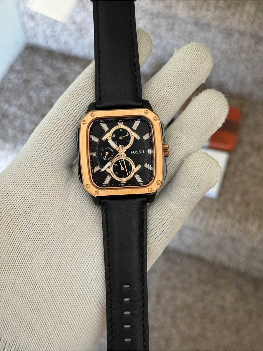Fossil Black Leather Watch with Rose Gold-Tone Square Case Mens Watch